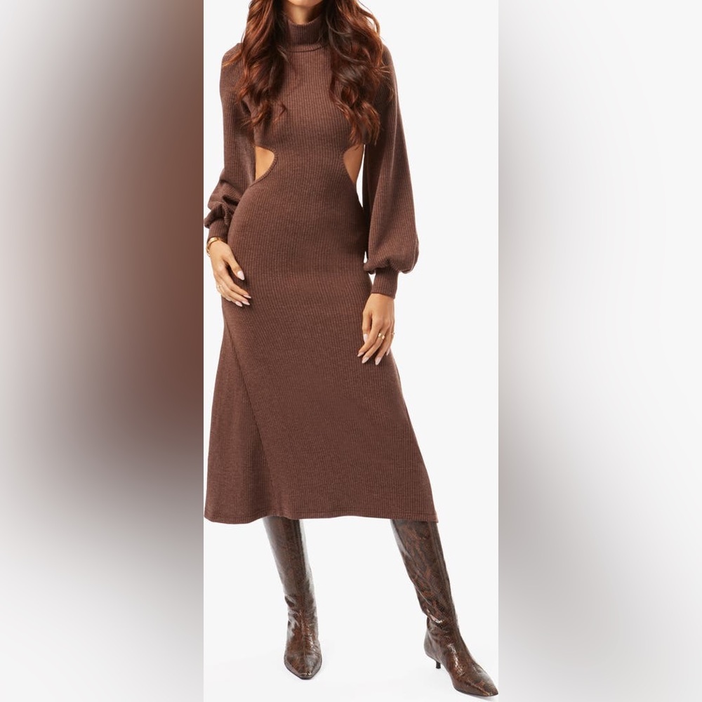 WeWoreWhat Brown Long Sleeve Cutout Knit Midi Dress